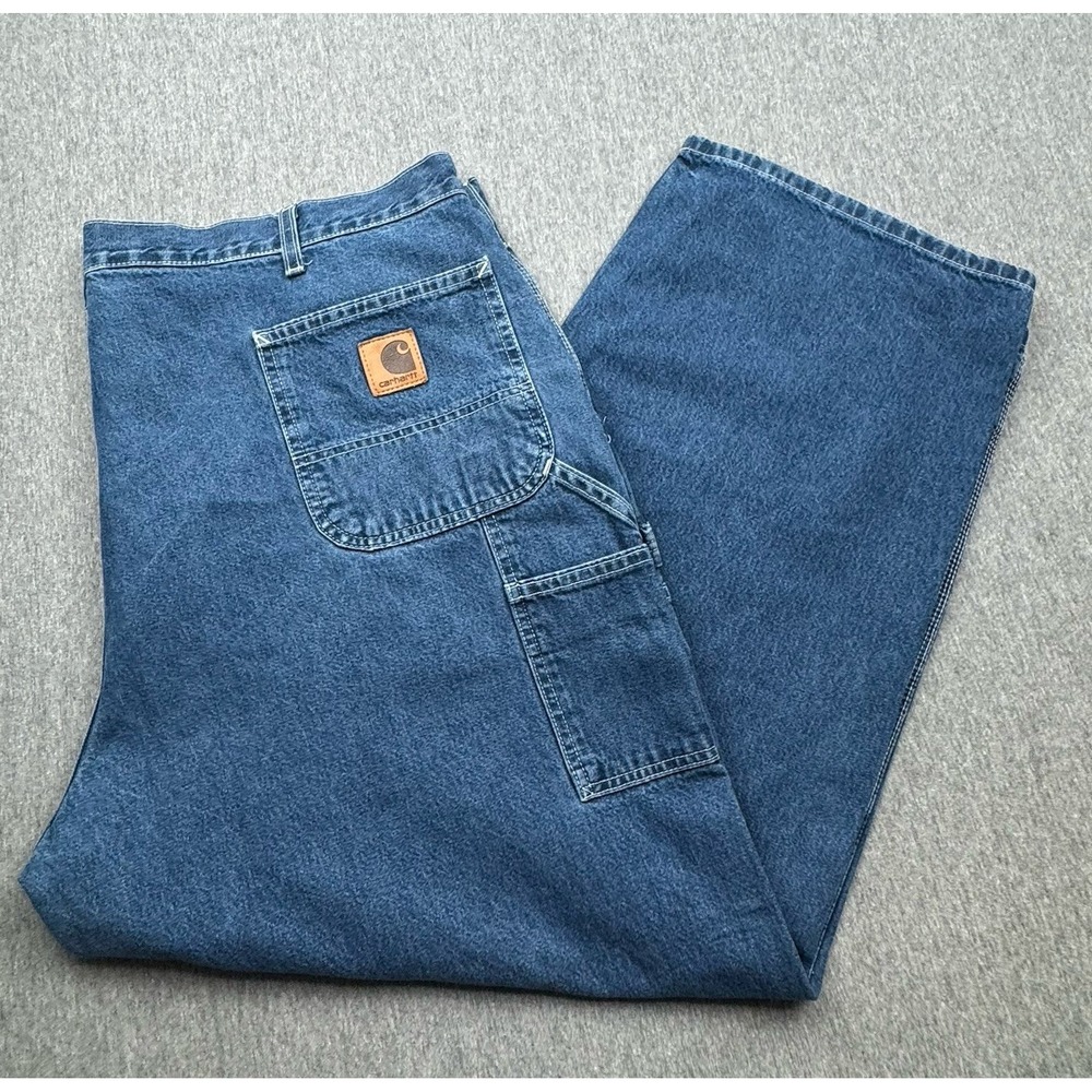 Carhartt Blue Denim Carpenter Jeans Mens Sz 44x30 Workwear Vtg Leather Patch